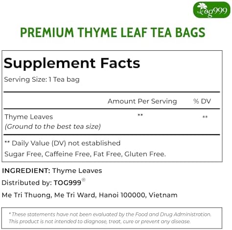 TOG999, Premium 40 Thyme Leaf Tea Bags, 100% Natural & Pure Thyme Leaves. Loose Leaf Thyme Herbal Tea. Thyme Leaf Tea. No Sugar, No Caffeine, No Gluten, Vegan.