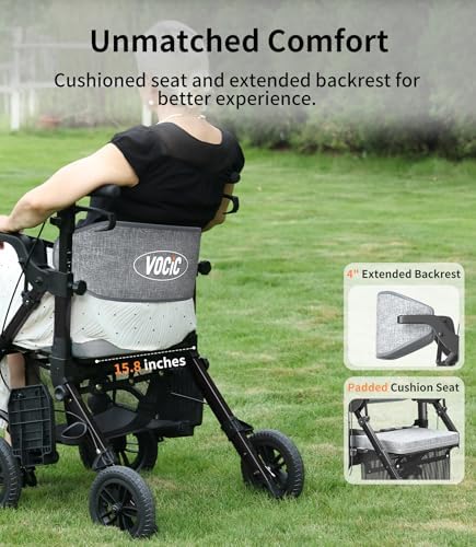 VOCIC Rollator-Walkers-for-Seniors-with-Seat, Walker Wheelchair Combo, Transport-Wheelchair-Lightweight-Foldable, Adult Walkers All Terrain, 2 in 1 Rolling Walker Chair with Brakes & Pouch
