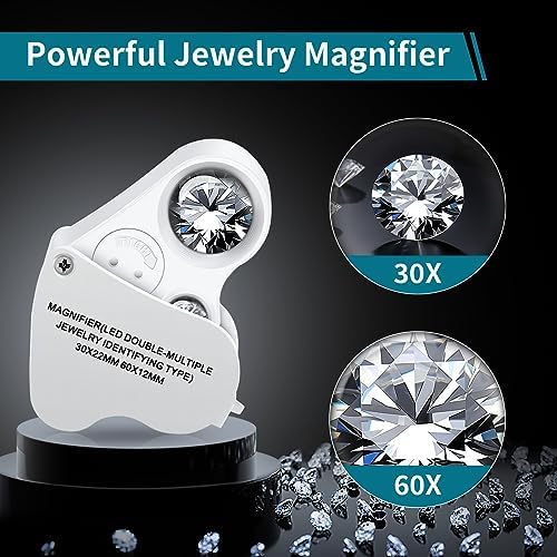 JARLINK 30X 60X Illuminated Jewelers Loupe Magnifier, Foldable Jewelry Magnifier with Bright LED Light for Gems, Jewelry, Coins, Stamps, etc