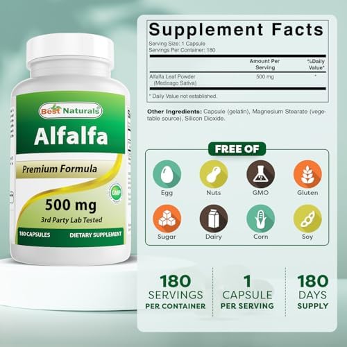 Best Naturals Alfalfa Green Super Food 500 mg 180 Capsules (180 Count (Pack of 1))