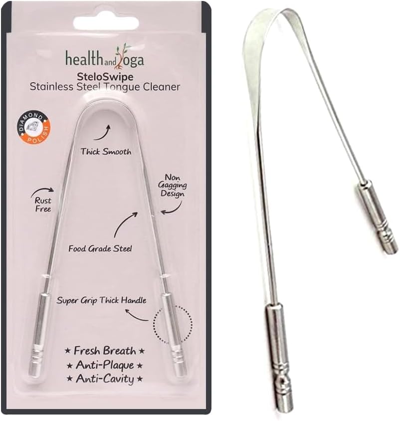 HealthAndYoga™ Tongue Cleaner Scraper with Storage Bag - Hygienic, Surgical Grade, Non-Synthetic Grip – Sterilizable Tongue Brush Cleaner (Surgical Steel - 1 Pack)