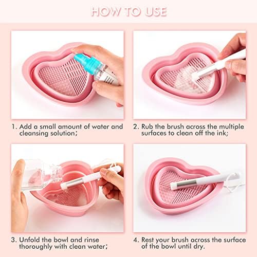 2PCS Brush Cleaning Palette,Foldable Brush Deep Cleaning Bowl/Mat 2-in-1 Collapsible Silicone Heart BowlReusable Scrubber to Clean All of Your Ink Blending Brushes with Ease Portable Washing Tool