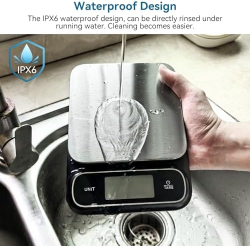 BOMATA Waterproof IPX6 Kitchen Scale, 0.1 g/0.01 oz High Precision, 5 kg/11 lbs, Digital Scale with Backlight, Stainless Steel Weighing Platform, for Food, Cooking, Baking, Weight Loss.. B619, Grey