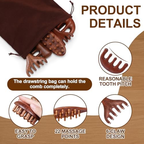 6 Pcs Natural Wooden Scalp Massager Comb Tool Set with Flocked Storage Bag Scalp Massage Tool for Stress Relief, Gua Sha & Therapy for Women Men Hair Growth Body Therapy