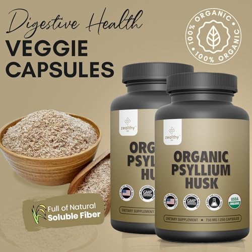 Organic Psyllium Husk Capsules 750 mg, Natural Fiber Supplement for Gut Health* - Alternative to Psyllium Husk Powder, Zealthy Life, 250 Capsules - Pack of 2