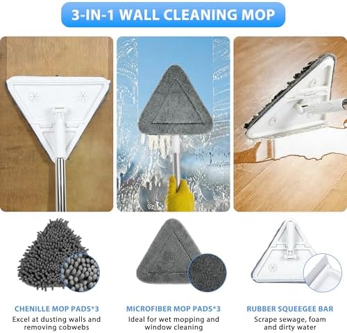 Wall Cleaner Mop with 80" Long Handle.3-in-1 Ceiling Cleaning Tool Duster with 180° Foldable & 360° Rotating Head. Includes 6 Washable Pads for Walls, Baseboards, Windows & Floors. No Ladder Needed.