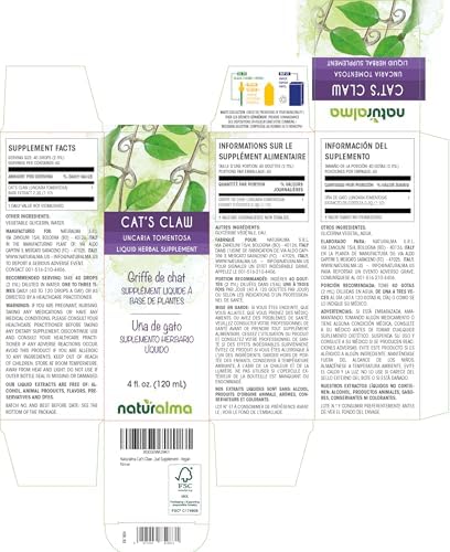 Naturalma Cat's Claw (Uncaria tomentosa) bark Alcohol-Free Tincture - 4 fl oz Liquid Extract in Drops - Herbal Supplement - Vegan