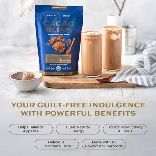Earth Echo Cacao Bliss - Ceremonial Grade Organic Raw Cacao Powder with MCT Oil & Turmeric - Supports Energy Boost, Mindful Snacking & Focus - Unsweetened, Vegan, GMO & Gluten-Free, 30 Servings