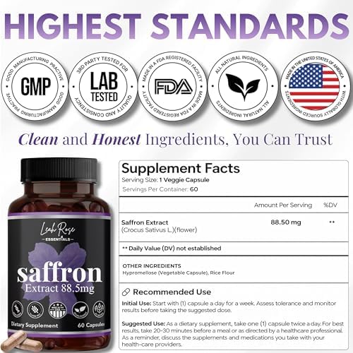Saffron Supplement 88.5mg | Mood, Focus, and Stress Support | 60 Premium Saffron Extract Capsules | Made in the USA | 3rd Party Lab Tested | Non-GMO, Vegan, Gluten-Free