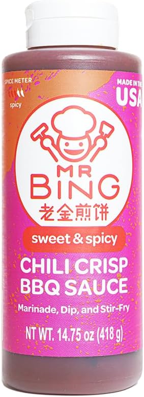 Mr Bing Sweet & Spicy Chili Crisp BBQ Sauce, 14.75 oz, Marinade Dip and Stir-Fry Sauce, Made in USA, Gluten-Free, MSG Free (Pack of 1)