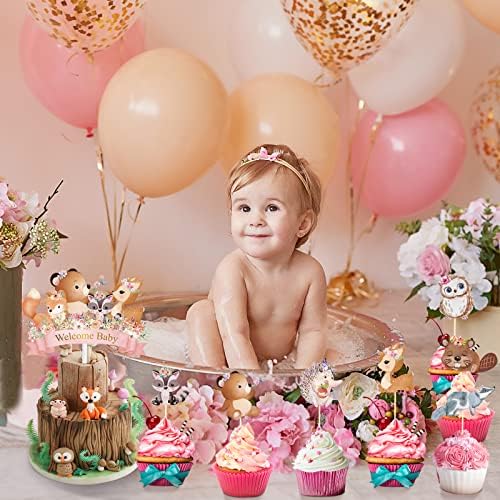 49 Pcs Woodland Cupcake Topper and Cake Topper Animal Floral Baby Shower Decorations Welcome Baby Deer Bear Creatures Theme Party Supplies for Baby Girls Boy Birthday