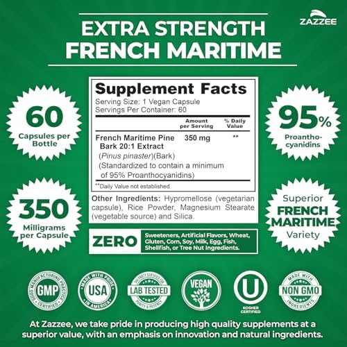 Zazzee Extra Strength French Maritime Pine Bark Extract 20:1, 350 mg Per Capsule, 95% Proanthocyanidins, 60 Vegan Capsules, 2 Month Supply, Certified Kosher, Antioxidant Support, Non-GMO, Made in USA