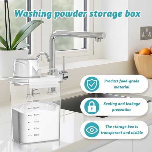 1800 ml Airtight Detergent Dispenser with Measuring Cup, Washing Powder Storage Box, Washing Powder Dispenser, Laundry Detergent Box Storage Container for Detergent Washing Powder