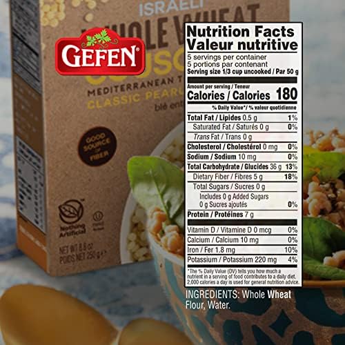 Gefen Whole Wheat Israeli Pearl Couscous, 8.8oz (2 Pack) Mediterranean Toasted Pasta | Great Source of Fiber | Kosher | Two Simple Ingredients