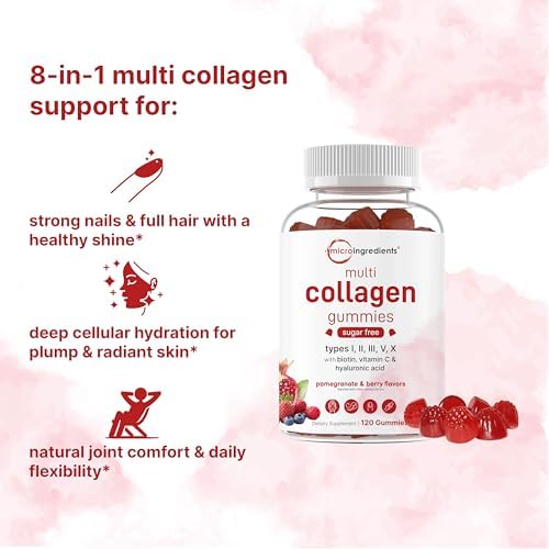 Micro Ingredients Multi Collagen Peptides, 120 Collagen Gummies | Type I,II,III,V,X Protein with Biotin, Hyaluronic Acid, & Vitamin C Complex | Pomegranate & Berry Flavored | Sugar Free, Non-GMO
