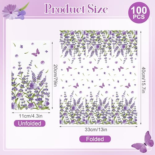 IANFEPH 100PCS Lavender Floral Paper Napkins 3 Ply Disposable Hand Towels for Bathroom Spring Purple Lavender Flowers Guest Napkins Decorative Dinner Napkin for Wedding Anniversary Birthday Tea Party