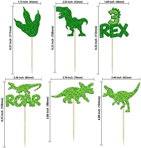 Gyufise 24Pcs Dinosaur Cupcake Toppers Green Glitter 3 Rex Roar Dinosaur Cupcake Picks Three Years Old Dino Theme Baby Shower Third Birthday Party Cake Decorations Supplies