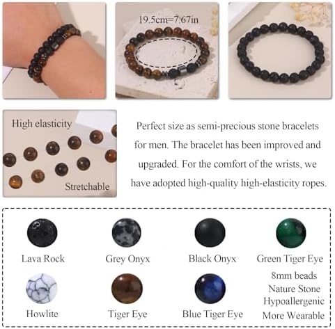 SAMOCO 12Pcs Tiger Eye Bracelets For Men Natural Stone 8mm Beads Bracelets Set Stretch Adjustable Lava Rock Black Crystal Beaded Bracelet for Men Women Gifts