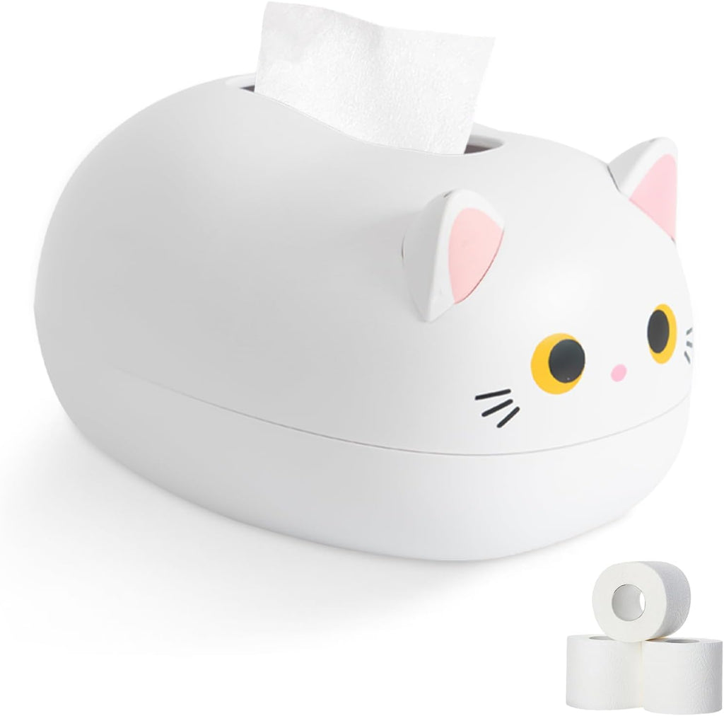 Cat Tissue Box Holder, Kitten Tissue Holder with 2 Toothpick Holder Cartoon Cat Tissue Napkin Box Cute Tissue Box Cover Napkin Storage Container for Kitchen Living Room(White)