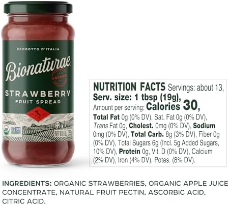 Bionaturae Organic Strawberry Fruit Spread - Jelly Organic, Non-GMO, USDA Certified, No Sugar Added, No Preservatives, Organic Fruit Jam, Jam Organic, Made in Italy - 9 Oz, 12 Pack