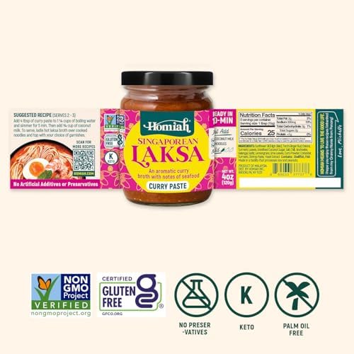 Homiah Laksa Curry Paste, 4 Oz – Gluten-Free, Non-GMO Singaporean Curry Paste, Thai Essentials for Kitchen – Premium Laksa Thai Paste for Authentic Asian Dishes (1 Jar)