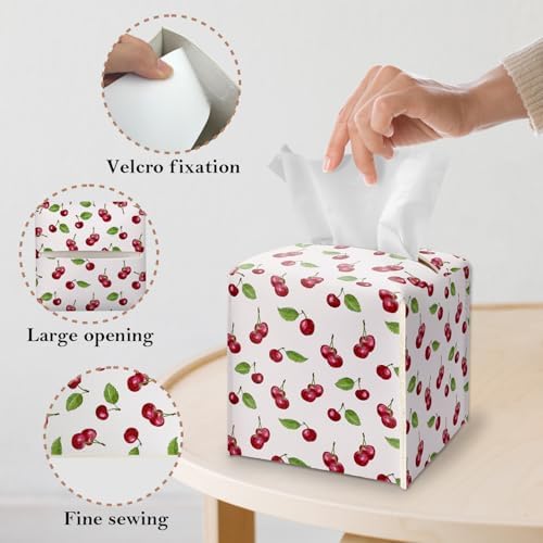 Tissue Box Cover Square - Red Cherries Tissue Box Holder with Bottom Belt, Leather Facial Paper Holder Decor for Bathroom Vanity Countertop, Nightstands, Dining Table, Office, Car -07