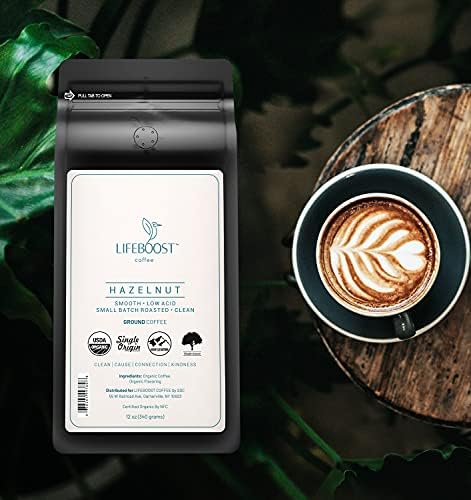 Lifeboost Hazelnut Ground Coffee – Organic, Low Acid, Non-GMO Hazelnut Flavored Coffee – Single Origin, Mold-Free Mycotoxin Tested Coffee, 12 oz