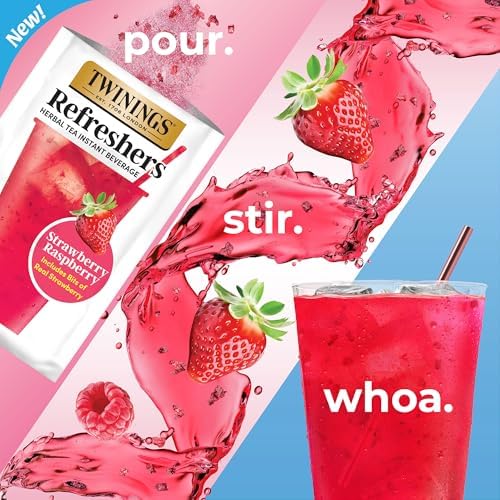 NEW Twinings Strawberry Raspberry Refreshers, Herbal Tea Instant Beverage with Real Strawberry Fruit Bits, 5 Count (Pack of 2), Café Style, No Artificial Sweeteners, Naturally Caffeine-Free, 5 Packets