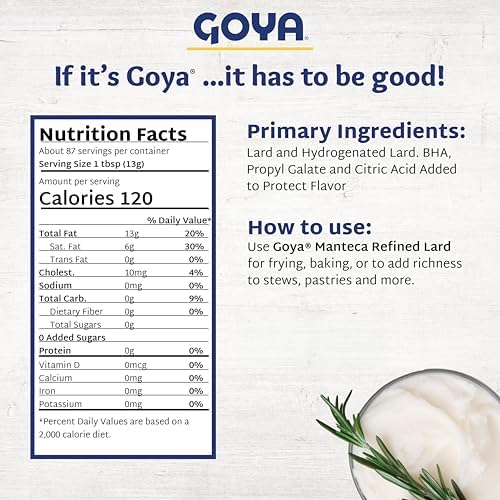 Goya Manteca Refined Lard for Cooking and Baking, Manteca De Cerdo, Lard Fat for Deep Frying, 2.5 lb.