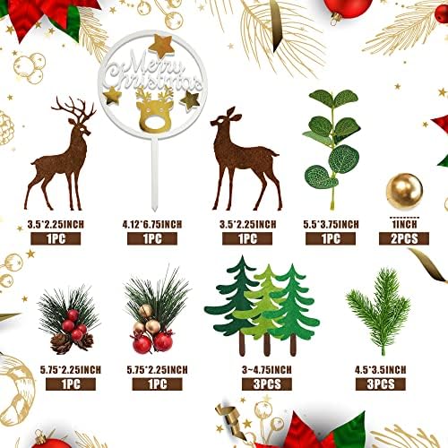 14PCS Christmas Cake Topper Merry Christmas Cake Decorations with Deer Santa Pine Tree for Xmas Winter Holiday Cake Decor Party Supplies (Gold)