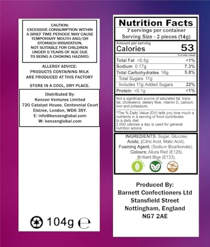 Barnetts - Mega Sour Candy Bubblegum 104g - Trendy Sweet Bags - Traditionally Handmade Sweets - Sour Coating Lasts 20 Seconds - Candies for Party Bag, Gift Hamper, or Hamper Box