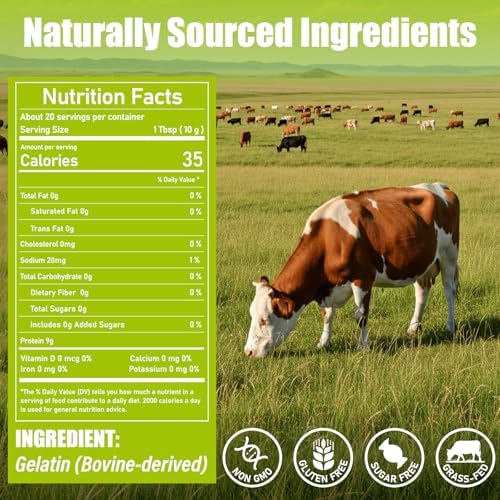 Beef Gelatin Powder Unflavored, 7 oz/198 g Grass Fed Gelatin Powder, Premium Thickening Agent, Gluten & Sugar Free, for Gummies, Jello, Baking, Cooking, Drinks