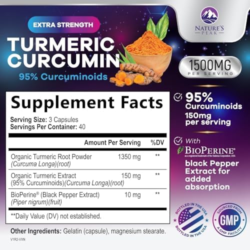 Turmeric Curcumin Supplement - 1350mg Organic Turmeric Per Serving - 95% Curcuminoids & BioPerine Black Pepper Extract for Best Absorption - Natural Vegan Joint Support, Bottled in USA - 120 Capsules