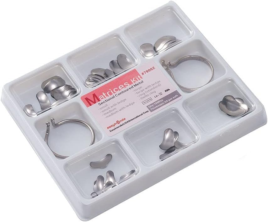 SNAWOP Dental Matrix 50μm Sectional Contoured Metal Matrices 100PCS Full Set Matrix System+2 Rings