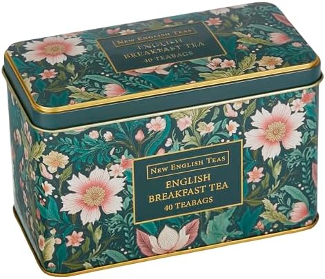 New English Teas Victorian Garden Tea Tin with 40 English Breakfast Teabags, Inspired by Embroidery & Textile Styles