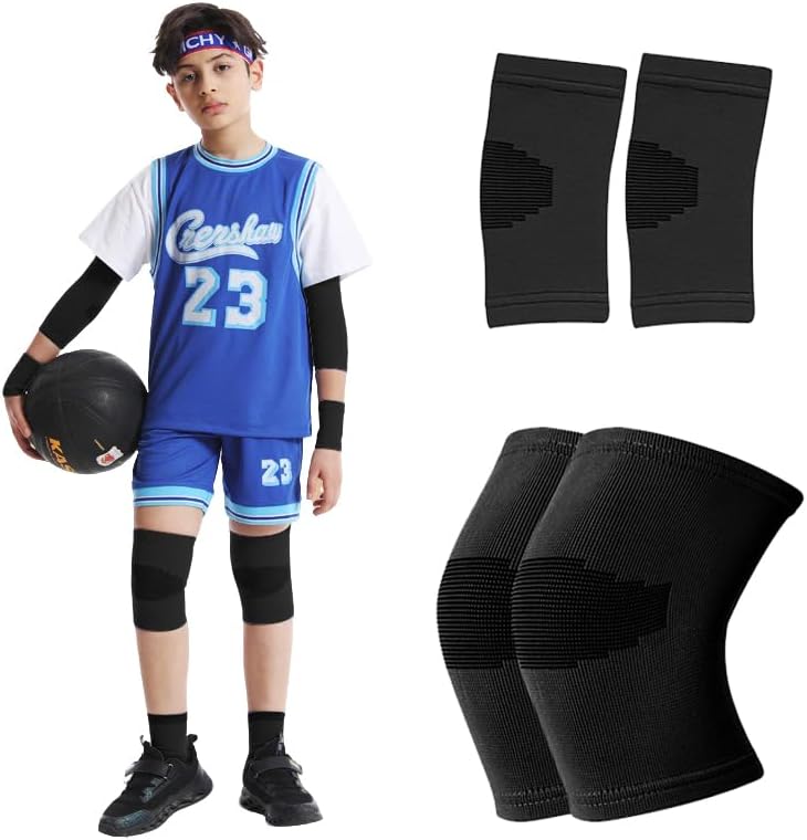 Elbow And Knee Sleeves Kids, Toddler Knee Braces Elbow Braces Volleyball, Tennis Elbow Compression Sleeve, Kids Knee Brace Elbow Brace for Volleyball Basketball Baseball Football Cycling (Black, Large)