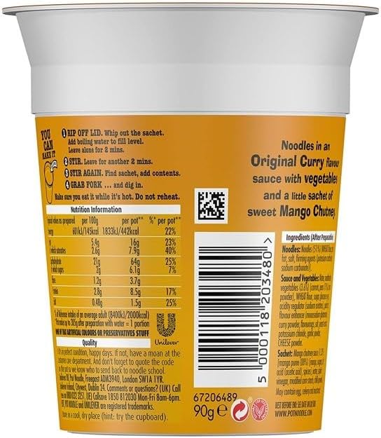 Pot Noodle Original Curry Flavour - 90g - Pack of 4 (90g x 4) by Pot