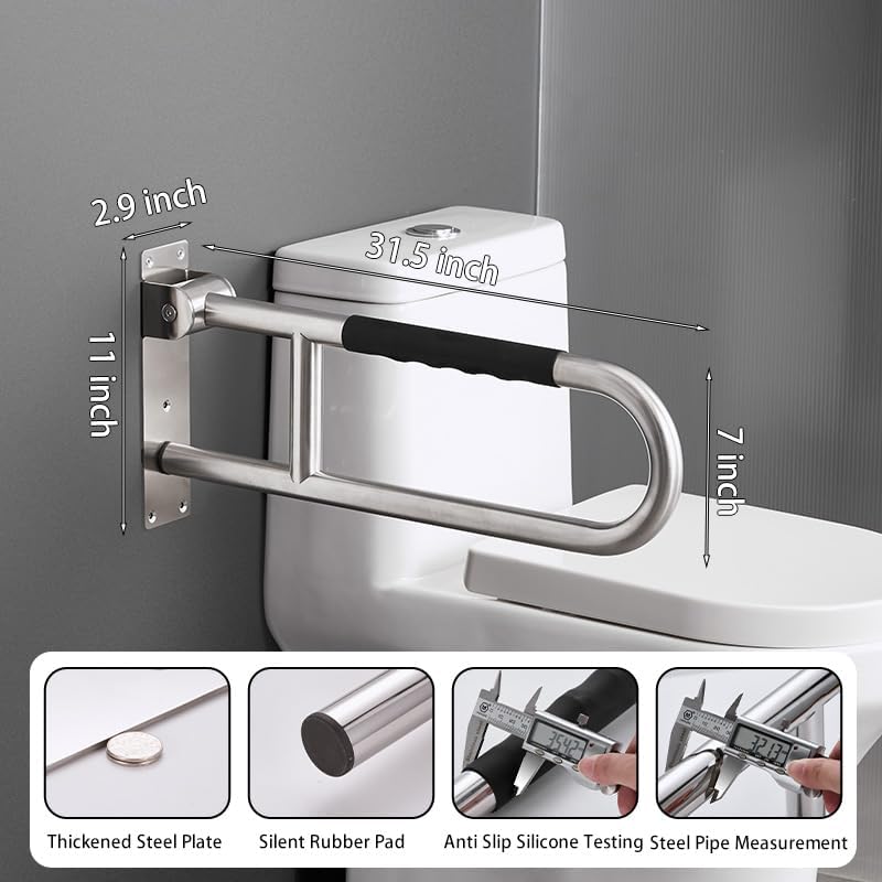 Toilet Grab Bar 31 Inch, BVTOURA Flip-Up Safety Rail with Soft Silicone Anti-Slip Finger-Grip Handle and Paper Holder, Stainless Steel U-Shaped Support Bar for Elderly Disabled, Brushed Nickel