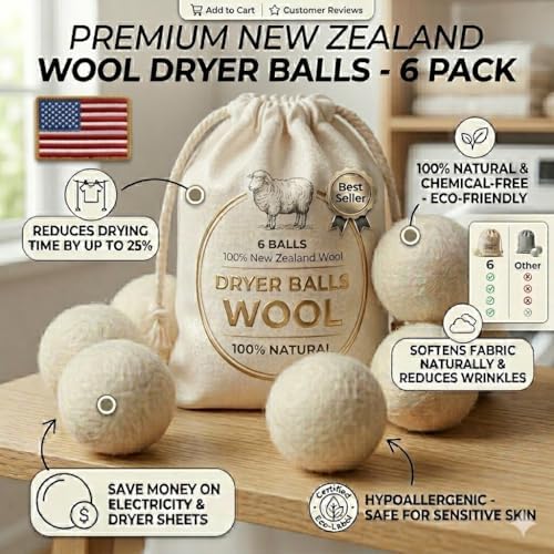 Premium Wool Dryer Balls – 6-Pack 100% Organic New Zealand Wool – Natural Fabric Softener, Hand-Felted, Reusable – Reduces Drying Time, Static & Wrinkles – Eco-Friendly Laundry Solution