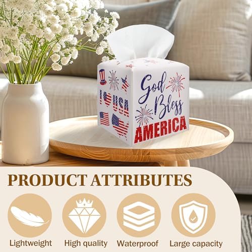 4th of July Patriotic Tissue Box Cover - Family Friends Fun and Freedom Red White Blue Flag PU Leather Square Tissue Holder for Bathroom Nightstand Kitchen Office Independence Day Christian Home Decor
