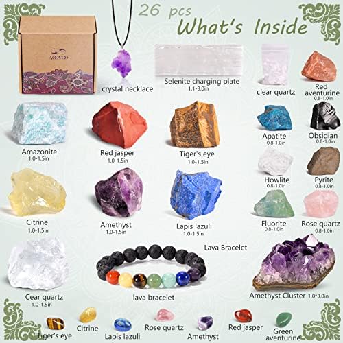 AOOVOO 26 PCS Crystals and Healing Stones, Healing Crystals Gift Set, 7 Raw Chakra Stone, 7 Tumbled Gemstones, Crystal Amethyst Necklace, Selenite Plate, Lava Bracelet, Clear Quartz, Gift Box