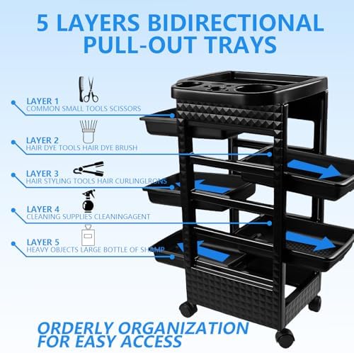 Beauty Salon Trolley Cart With Wheels, Rolling Stations with 5 Removable Drawers, Hair Cart for Hair Stylist, for Barbershop, Beauty Salon,Tattoo(Black)
