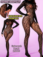 Women Sexy Fishnet Bodysuit, Lace Leopard Jumpsuit Full Body Stockings Mesh Lingerie, One Piece Party Festival Rave Outfits