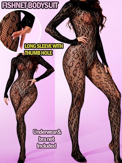 Women Sexy Fishnet Bodysuit, Lace Leopard Jumpsuit Full Body Stockings Mesh Lingerie, One Piece Party Festival Rave Outfits