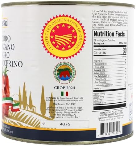 L'Oro Del Sud - D.O.P San Marzano Tomatoes of Agro Sarnese-Nocerino Area, Net Wt. 2550g (88 fl. oz). Pomodoro San Marzano dell’Agro Sarnese-Nocerino DOP Certification