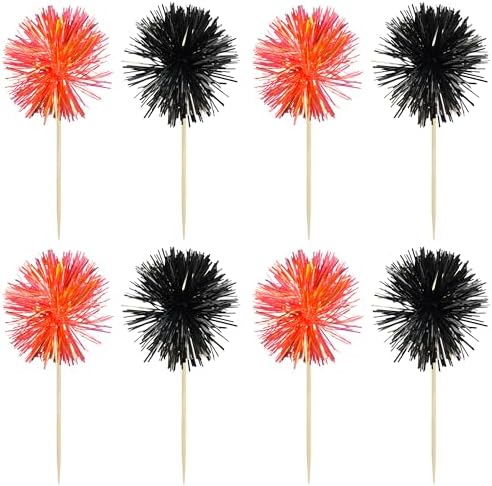 Gyufise 30Pcs Foil Firework Cupcake Toppers Sparkle Tinsel Cake Toppers Tinsel Drink Cake Decoration Cocktail Picks for Birthday Wedding Graduation Party Supplies Black Orange