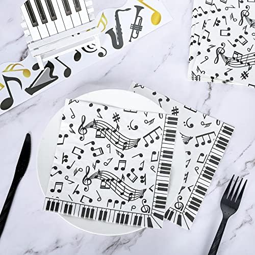 Whaline 80 Pcs Music Notes Paper Napkins 6.5 x 6.5 Inch Musical Notation Disposable Luncheon Napkin Black White Piano Keys Prints Lunch Napkin for Music Celebration Dinner Tableware Party Supplies