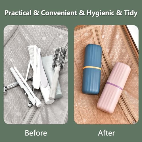 2 Pack Travel Toothbrush Holder, 2 in 1 Toothbrush and Toothpaste Case for Traveling, Portable Tooth Brush Cup with Cover, Toothbrush Holder for Camping Business Trip Bathroom School, Pink and Blue