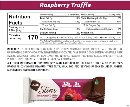 NuGo Slim Dark Chocolate Raspberry Truffle, 17g Protein, 2g Sugar, 7g Fiber, Low Net Carb, Keto Friendly, Gluten Free, 12 Count