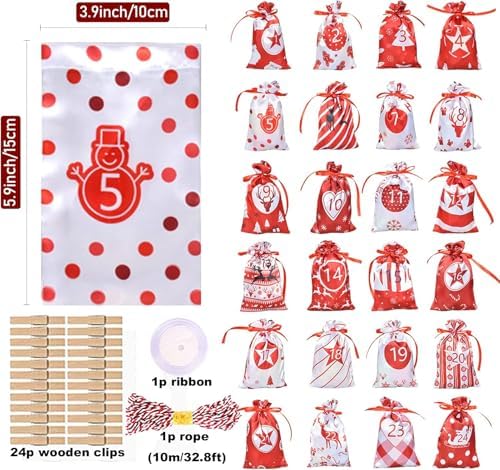 24 Pcs Christmas Drawstring Gift Wrap Bags Reusable Advent Calendar Bags Cute Xmas Candy Toys Goody Treat Bag Pocket for Holiday Weedings Birthdays Party Favor Home Storage Gift Bag